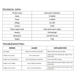 Solar Panel Multimeter ELEJOY EY1800W Voltage 20-120V Max Power 1800W